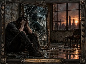 A distressed figure crouches beside a shattered mirror in a decaying industrial loft, surrounded by broken glass, damp floors, and rusted furnishings. Warm sunset light cuts through the grim gray interior, reflecting across puddles and framing a distant city skyline. The dark digital realism conveys anguish, isolation, and fractured identity.