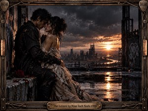Two rain-soaked lovers embrace on a ruined industrial rooftop beneath heavy storm clouds and a fiery sunset. Dark steel towers, reflective puddles, scattered red roses, and distant city ruins create a haunting romantic atmosphere. Cinematic realism, weathered textures, warm amber light, and an intricate metal frame heighten the brooding intimacy.