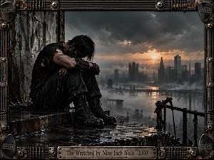 A battered figure sits hunched on a rain-soaked industrial ledge overlooking a decaying city of skeletal towers, bridges, smoke, and mist. Charcoal blacks, rusted browns, and cold grays surround a distant amber sunset, creating a bleak, exhausted mood. Weathered metal framing and mechanical details reinforce the harsh industrial aesthetic.