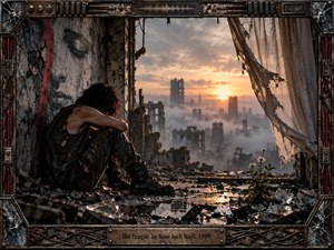 A solitary figure sits amid shattered concrete and glass, overlooking a ruined city softened by mist and sunrise. Warm amber light contrasts with corroded metal, blackened walls, torn fabric, and muted gray rubble. Delicate white flowers emerge nearby, creating a fragile symbol of persistence within the bleak, industrial, cinematic scene.