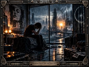 A solitary man sits hunched on an unmade bed inside a rain-soaked industrial apartment overlooking a towering dystopian city. Cold blue steel, black shadows, and warm amber light create a tense, melancholic atmosphere. Wet reflections, scattered music equipment, distressed walls, and a mechanical metal frame reinforce the gritty cinematic style.