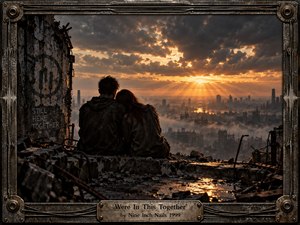 Two battered figures sit together amid the rubble of a ruined industrial city, facing a distant skyline beneath turbulent storm clouds. Golden sunset rays pierce the darkness, illuminating smoke, broken concrete, twisted metal, and reflective puddles. A weathered mechanical frame reinforces the bleak yet resilient cinematic atmosphere.