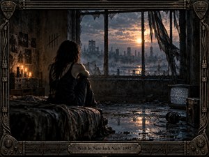 A solitary figure sits on a ruined bed inside a decaying industrial room, facing a shattered window and smoky skyline at sunset. Rusted metal, candlelight, wet reflections, torn fabric, static television, and abandoned headphones create a bleak, restless mood. A mechanical frame reinforces the gritty cinematic realism.