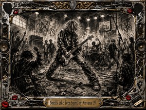 A wild guitarist dominates a smoky school-gym concert, surrounded by shadowy dancers, drums, amplifiers, tangled cables, and graffiti-like marks. Deep charcoal textures, ash-gray tones, and harsh overhead lighting create rebellious grunge energy. A distressed chrome-and-gold frame with speakers, wire, studs, red lips, and an engraved title plate completes the scene.