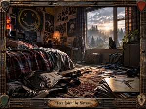 A richly detailed 1990s-inspired grunge bedroom glows with warm amber light against a stormy sunset. A battered black electric guitar dominates the foreground beside scattered records, clothing, and worn furnishings, while a cat watches from the window. Distressed textures, concert imagery, muted reds, browns, blacks, and metallic accents create a nostalgic, rebellious atmosphere.