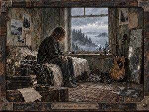 A solitary long-haired figure sits hunched on an unmade bed in a weathered room overlooking a rain-soaked coastal landscape. Muted gray, brown, and blue tones create a somber, reflective mood. Soft window light reveals peeling walls, wilted flowers, a battered guitar, cracked mirror, worn furnishings, and richly textured mixed-media surfaces.