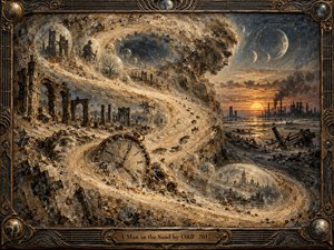 A surreal sandstorm curls in an S-shaped path through ruined arches, shattered clocks, ghostly figures, and memory bubbles beneath a smoky sunset. Bronze, sepia, charcoal, and amber tones create a haunting psychedelic mood, while distant factories, moons, and eroded faces deepen the sense of time, decay, isolation, and dreamlike unease.