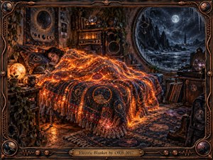 A glowing woven blanket pulses with fiery orange light over a sleeping figure in a cluttered, retro-futuristic room. Dark wood, vintage audio gear, plants, records, and a moonlit alien landscape create a dreamy psychedelic mood. Copper framing, cosmic details, warm shadows, and intricate textile textures give the scene handcrafted depth.