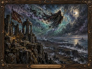 A hooded spectral sorcerer glides above a ruined coastal stronghold beneath a storm torn moonlit sky. Swirling teal and violet currents, ravens, craggy cliffs, distant waterfalls, and a glowing sea create a dark, majestic mood. Rendered as a richly textured fantasy painting, the scene feels ominous, cinematic, and otherworldly.