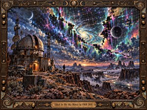 A lone figure stands beside a weathered observatory as the night sky fractures into a luminous cosmic grid above a rugged desert landscape. Neon blues, magentas, greens, and golds clash with storm clouds, planets, and stars, creating a surreal psychedelic mood framed by intricate aged metalwork and circuitry.