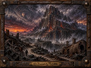 A towering iron mountain rises from a devastated industrial wasteland beneath turbulent storm clouds and a burning red-orange horizon. Rusted machinery, broken structures, drifting smoke, and a lone traveler create a bleak, monumental mood. Dark metallic textures, volcanic glow, and an ornate mechanical frame give the scene a dramatic handcrafted quality.