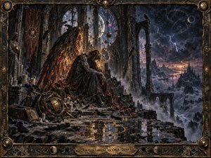 A fallen winged figure sits in a shattered celestial ruin above a stormy abyss, surrounded by candles, ravens, astronomical instruments, and gothic arches. Burnished gold, charcoal, crimson, and midnight blue create a mournful, apocalyptic mood, while distant lightning and planets illuminate richly textured stone, metal, feathers, and reflective surfaces.