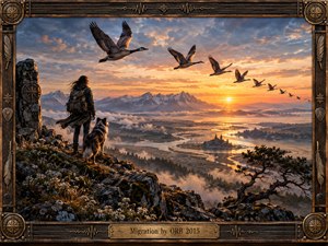 A lone traveler and dog overlook a vast mountain valley at sunset as migrating geese cross the glowing sky. Winding waterways reflect warm gold beneath cool blue clouds and distant peaks. Rich painterly realism, rugged rocks, mist, and a weathered wood and bronze frame create an adventurous, reflective atmosphere.