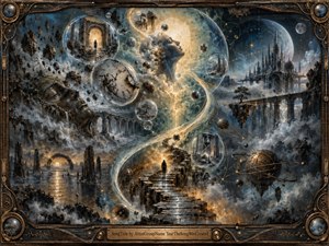 A surreal cosmic landscape spirals along a luminous S-curve, linking ruined bridges, distant towers, clocks, planets, floating stones, and a contemplative human figure. Deep blue, bronze, and pale gold tones create a dreamlike mood, while glowing atmospheric light, intricate painterly textures, and an ornate mechanical frame suggest thought transcending physical reality.
