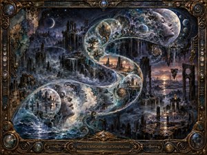 A surreal cosmic dreamscape winds through a luminous S-curve of glassy worlds, ruined towers, oceans, moons, and ghostly human profiles. Deep blues, silver, bronze, and violet dominate beneath dramatic celestial light. Ornate steampunk metalwork frames the scene, enhancing its mysterious, transformational mood and richly detailed handcrafted fantasy style.