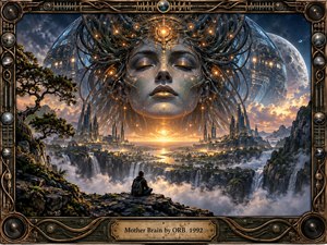 A colossal serene female face woven with glowing circuitry rises above a futuristic valley of towers, waterfalls, mist, and distant celestial bodies. A lone seated traveler faces the radiant horizon, creating awe and contemplation. Warm gold light contrasts with deep blue shadows, while intricate mechanical framing reinforces the handcrafted science fiction atmosphere.