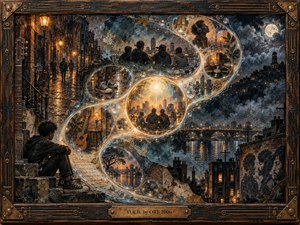 A rain-dark city becomes a dreamlike river of memory, where glowing bubbles trace an S-shaped path through streets, rooftops, music rooms, and silhouetted figures. Amber lamps contrast with deep blue-gray skies, while textured mixed-media surfaces, worn paper, metal framing, and reflective water create a nostalgic, restless, cinematic atmosphere.