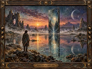 A lone figure stands beside a reflective alien lake, facing a towering mirrorlike monolith beneath a vast twilight sky. Jagged rock spires, mist, moons, and glowing sunset colors create a mysterious psychedelic atmosphere. Rich oil-like textures, rippling reflections, bronze framing, and cosmic details heighten the dreamlike mood.