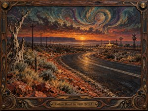 A winding blacktop road crosses a rugged Australian outback beneath a turbulent psychedelic sky, glowing with orange sunset, teal clouds, and swirling celestial forms. Weathered trees, telephone poles, scrub, distant structures, and reflective pavement create a haunting, expansive mood, framed by richly carved wood and aged brass details.