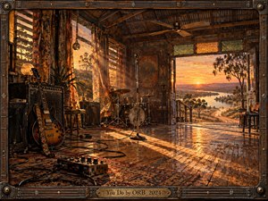 A warmly lit rustic music room opens onto a glowing river valley at sunset, with guitars, amplifiers, drums, cables, and a vintage microphone arranged across worn wooden floors. Amber light, patterned textiles, and weathered surfaces create a nostalgic, intimate mood. An ornate dark metal-and-wood frame surrounds the richly detailed, painterly scene.