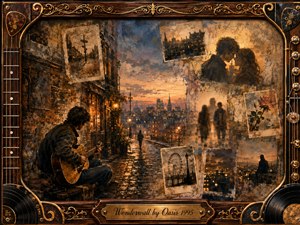 A solitary guitarist sits beside a rain-darkened city street, surrounded by faded snapshots of love, distance, and memory. Warm amber lights glow against smoky blues, sepia browns, and weathered textures. Romantic, melancholic mixed-media painting blends oil, acrylic, and watercolor, framed by rosewood, guitar strings, gold ornament, vinyl records, and an engraved title plate.