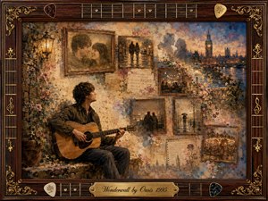 A wistful guitarist sits beneath glowing lamplight amid a collage of faded romantic memories, rainy streets, roses, handwritten notes, and a twilight London skyline. Warm sepia, gold, rose, and blue tones blend through textured oil, acrylic, and watercolor effects, enclosed by ornate rosewood, guitar strings, picks, and engraved metallic details.