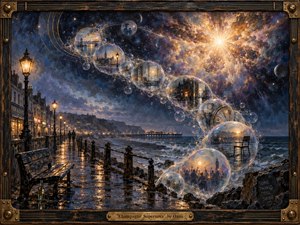 A rain-darkened seaside promenade curves beneath a vast cosmic sky, where glowing memory-filled bubbles drift toward a golden supernova. Deep blues, violets, and amber reflections create a wistful, dreamlike mood. Painterly textures, wet pavement, distant figures, crashing waves, and a weathered wood-and-brass frame enrich the nostalgic atmosphere.