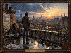 A solitary figure stands on a rain-soaked Manchester rooftop, gazing toward a golden sunrise breaking through stormy blue-gray clouds. Textured oil-and-collage brushwork, brick chimneys, wet reflections, distant towers, scattered rooftop objects, and warm amber light create a nostalgic, resilient mood, enclosed by a dark wood-and-brass musical frame.