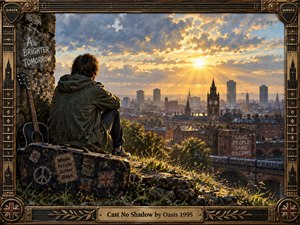 A solitary figure in a weathered parka sits above a sprawling city at sunrise, beside an acoustic guitar and battered case. Golden light breaks through cool blue-gray clouds, creating a reflective, hopeful mood. Rich painterly textures, brick architecture, graffiti, distant towers, and an ornate guitar-themed frame deepen the nostalgic atmosphere.