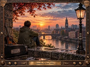 A solitary young man in an olive parka sits beside a weathered guitar case, overlooking a river and dense city skyline at sunset. Amber light reflects across the water beneath dramatic clouds, while autumn leaves, an old streetlamp, bridges, and a clock tower create a nostalgic, cinematic atmosphere within an ornate guitar-inspired frame.