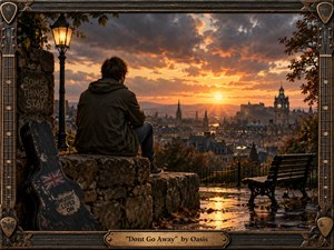 A solitary young man overlooks a rain-darkened British city at sunset, surrounded by autumn leaves, an empty bench, glowing lamplight, and a weathered guitar case. Warm golds contrast with deep charcoal clouds, creating a wistful, reflective mood. The cinematic realism and ornate guitar-inspired frame reinforce themes of longing, memory, and departure.
