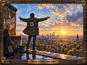 A lone figure stands on a rain-darkened rooftop with arms outstretched toward a glowing city sunrise, creating a mood of release, confidence, and renewal. Warm gold, blue, and amber light fills the painterly scene, while weathered brick, puddle reflections, a guitar case, and the instrument-inspired frame add gritty rock texture.