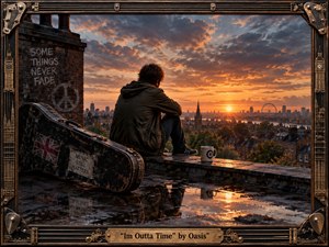 A solitary figure sits on a rain-darkened rooftop overlooking a glowing city at sunset, surrounded by worn brick, puddled reflections, and a battered guitar case. Warm amber light contrasts with deep blue-gray clouds, creating a wistful, reflective mood. The cinematic, painterly realism and ornate guitar-themed frame reinforce the musics fading, nostalgic atmosphere.