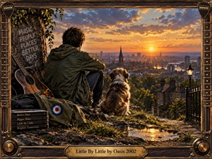 A solitary young man and shaggy dog overlook a sprawling city at golden sunset, surrounded by rugged hillside textures, an acoustic guitar, ivy, and weathered objects. Warm amber light contrasts with cool blue clouds, creating a reflective, hopeful mood. Painterly realism, rich detail, and an ornate guitar-inspired frame complete the nostalgic scene.