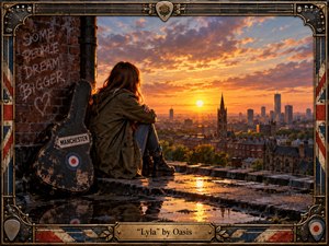 A young woman in a weathered parka sits beside a battered guitar case on a rooftop overlooking Manchester at sunset. Warm orange light reflects in rain puddles beneath dramatic clouds, creating a hopeful, reflective mood. Rich cinematic detail, urban textures, graffiti, and an ornate guitar-themed frame reinforce the Britpop atmosphere.