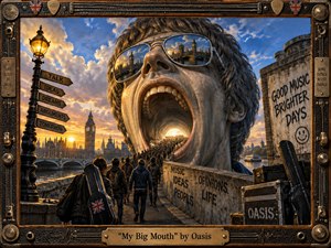 A monumental singers head dominates a sunset London riverside, its enormous open mouth becoming a tunnel that draws a crowd forward. Warm gold, bronze, and blue light create a tense, surreal rock atmosphere. Detailed stone, metal, guitar cases, street signs, and amplifier-inspired framing give the scene a handcrafted cinematic realism.