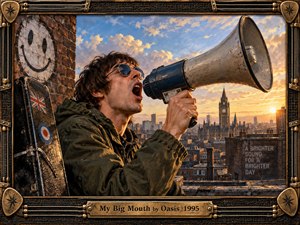 A defiant young man shouts through a battered megaphone from a gritty urban rooftop at sunset, framed by industrial brickwork and a distant clock tower. Warm gold light contrasts with cool blue-gray metal and olive clothing, while weathered textures, musical hardware, and a crafted bronze-and-leather frame amplify the rebellious Britpop atmosphere.