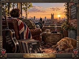 A relaxed figure reclines in a worn leather chair on a rooftop overlooking a glowing city at sunset. Warm amber light, deep browns, brick, greenery, records, a guitar, and a sleeping dog create an unhurried, nostalgic mood. The richly detailed, cinematic composition blends realism, rock culture, and handcrafted decorative framing.