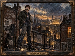 A defiant young rocker stands on a rain-slick rooftop above a sprawling industrial city, framed by chimneys, brick walls, glowing windows, and a distant concert venue. Cool blue-gray dusk contrasts with warm amber lights, while textured mixed-media brushwork, torn posters, a guitar case, and a rugged amplifier-style frame create gritty 1990s rock energy.