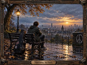 A solitary young man sits on a rain-darkened park bench overlooking a sprawling city at sunset, his worn guitar case resting beside him. Golden lamplight and fading orange skies contrast with cool blue-gray clouds, wet pavement, and autumn leaves. The richly textured painterly style conveys quiet loneliness, reflection, and bittersweet hope.
