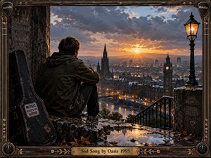 A solitary figure sits beside a weathered guitar case overlooking a rain-darkened city at sunset. Golden light breaks through heavy clouds, reflecting across wet stone and distant streets. The richly textured, cinematic painting balances melancholy with hope, framed by aged bronze, guitar details, glowing lamplight, autumn leaves, and engraved messages.