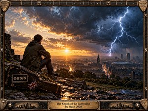 A lone figure overlooks a rain-darkened city as sunset gold collides with a violent blue-white lightning storm. Wet rocks gleam in the foreground beside a battered guitar case, while dramatic clouds, distant architecture, and glowing streets create cinematic depth. A weathered metal-and-string frame reinforces the raw, electrified rock atmosphere.