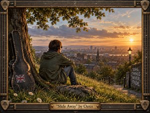 A solitary young man in an olive parka sits beneath a broad tree overlooking a sprawling British city at sunset, beside a weathered guitar case. Warm amber light washes brick rooftops, distant towers, and winding paths, creating a nostalgic, reflective mood. A handcrafted guitar-inspired frame and engraved title plate complete the richly detailed digital painting.