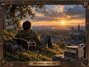A lone young man rests with an acoustic guitar on a grassy overlook above a sprawling city at sunset. Warm amber light breaks through dramatic clouds, creating a reflective, hopeful mood. Rich natural textures, muted greens, weathered details, Britpop-era accents, and a distressed guitar-inspired frame give the scene handcrafted cinematic depth.