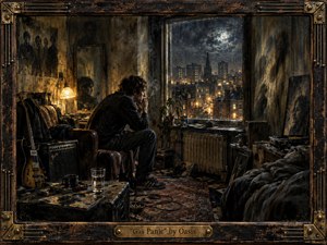 A solitary man sits tensely in a cluttered nighttime apartment, smoking beside a rain-streaked window overlooking a glowing city. Warm amber lamplight clashes with cold blue-gray moonlight, heightening the anxious mood. Rich oil-and-charcoal textures, smoky shadows, guitars, cables, records, and a distressed brass-and-wood frame create brooding intimacy.