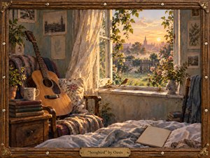 A sunlit cottage bedroom opens toward a misty garden at dawn, where a small robin perches on the windowsill beside fresh flowers. An acoustic guitar, books, soft bedding, and lace curtains create a tender, intimate mood. Warm golds, dusty blues, and floral pastels glow in a richly textured, handcrafted painterly scene within an ornate wooden frame.