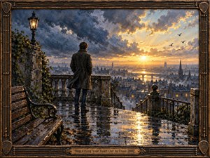A solitary figure stands on a rain-soaked terrace overlooking a misty city as storm clouds break into glowing sunrise. Cool slate blues and charcoal shadows give way to warm gold reflected across wet stone. Rich oil-paint textures, a weathered bronze frame, glowing lamplight, distant spires, and circling birds create a melancholy yet hopeful atmosphere.