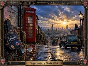 A rain-slicked Manchester street descends toward a glowing skyline beneath dramatic storm clouds and golden sunset light. A battered guitar case, red telephone box, aviator sunglasses, and vintage Mini evoke 1990s Britpop swagger. Rich blue-gray tones, wet reflections, brick textures, and an ornate guitar-themed frame create a cinematic, nostalgic atmosphere.