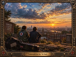 Two young men sit on a weathered rooftop overlooking a sprawling city at sunset, creating a reflective, hopeful mood. Dramatic blue-gray clouds frame glowing orange light across the skyline. A battered guitar case, graffiti, carved stone, and ornate guitar-inspired frame enrich the nostalgic, handcrafted oil-painted scene.