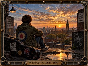 A solitary young man in a parka sits beside a worn guitar case on a rooftop overlooking a glowing city at sunset. Warm gold and orange light contrasts with cool blue shadows, creating a reflective, hopeful mood. Gritty urban textures, vintage details, musical framing, and bold perspective evoke nostalgic 1990s Britpop energy.